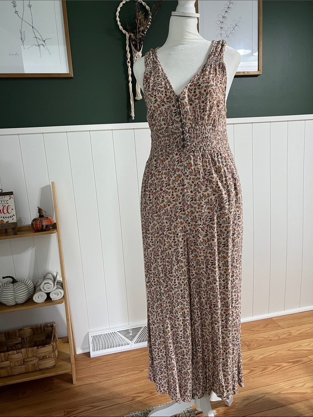 Floral Smocked Wide-Leg Jumpsuit in Cream and Pink